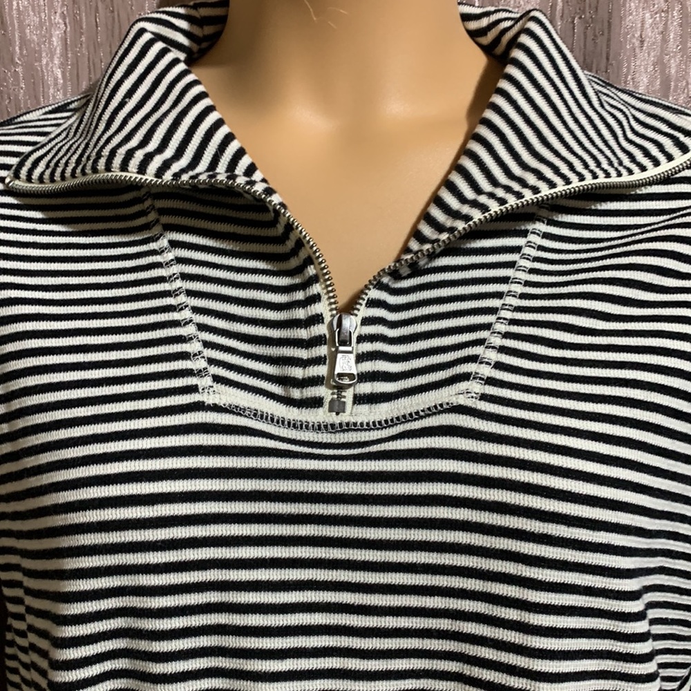 Chaps Top Sweater Sweatshirt Pullover 3/4 Zip Stretchy Black White Stripes M - Picture 5 of 13